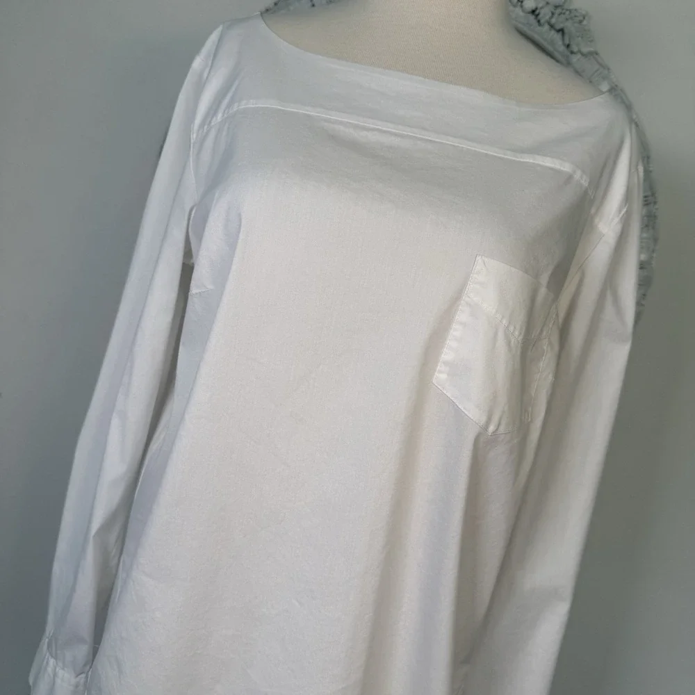 LOFT The Softened Shirt White Boatneck High Low Hem Blouse Women's Minimalist M
